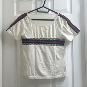 GUCCI Authentic White Short Sleeve Tee Red Green Brown Stripes Logo Monogram